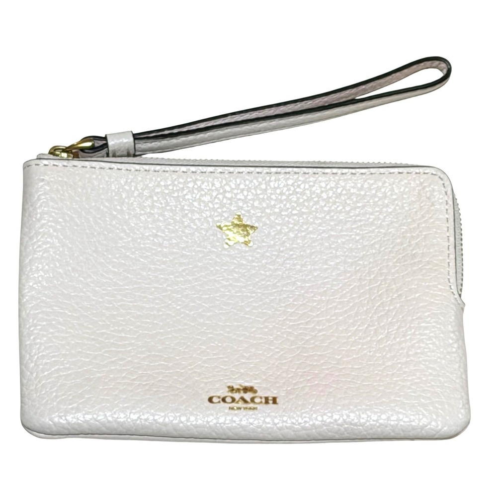 Coach Wristlet Pouch Women Small White Pebbled Leather Star Zip Minimalist 0645